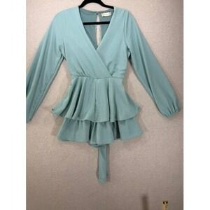 Altar'd State Romper Womens Small Sage Green Excellent Tiered Ruffle Long Sleeve